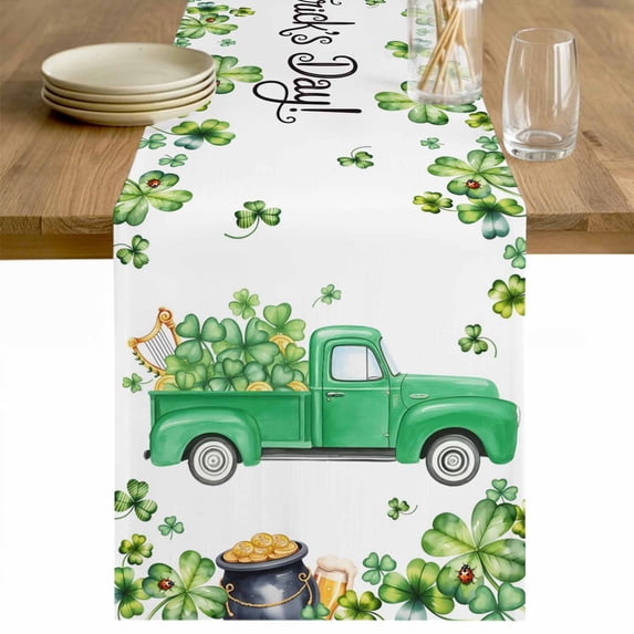 St. Patrick's Day Table Runner - 70 Inch Long Spring Lucky Shamrocks Green Truck Country Cotton and Linen Blended Dress Scarves Farmhouse Table Runner for Kitchen Dining, Coffee Table, 13" x 70"