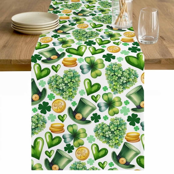 St. Patrick's Day Table Runner - 70 Inch Long Spring Shamrocks Green Love Heart Hats Cotton and Linen Blended Dress Scarves Farmhouse Table Runner for Kitchen Dining, Coffee Table, 13" x 70"