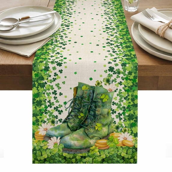 St. Patrick's Day Table Runner - 72 Inch Long, Kitchen Dining Table Runner Dresser Scarves, Country Retro Green Boots Daisy Clovers Farmhouse Decor for Coffee Tables Wedding Party Banquet
