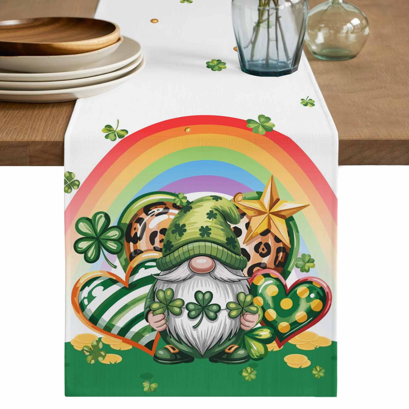 St Patrick's Day Table Runner 72 Inches, Green Shamrock Gnomes Love ...