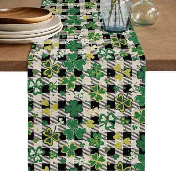 St Patrick's Day Table Runner 72 Inches, Lucky Shamrocks Farmhouse Retro Check Bed Runner Dresser Scarves Tabletop for Indoor Outdoor Parties/Ceremony/Banquet, 16" x 72"