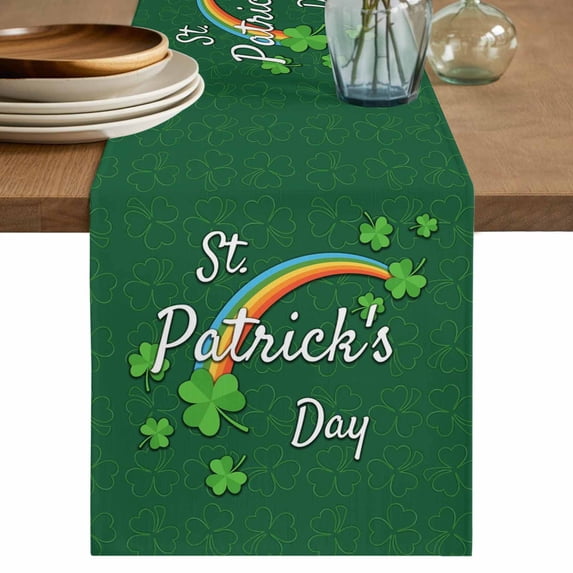 St. Patrick's Day Table Runner 72 Inches, Spring Dark Green Shamrock Rainbow Bed Runner Dresser Scarves Tabletop for Indoor Outdoor Parties/Ceremony/Banquet, 18" x 72"