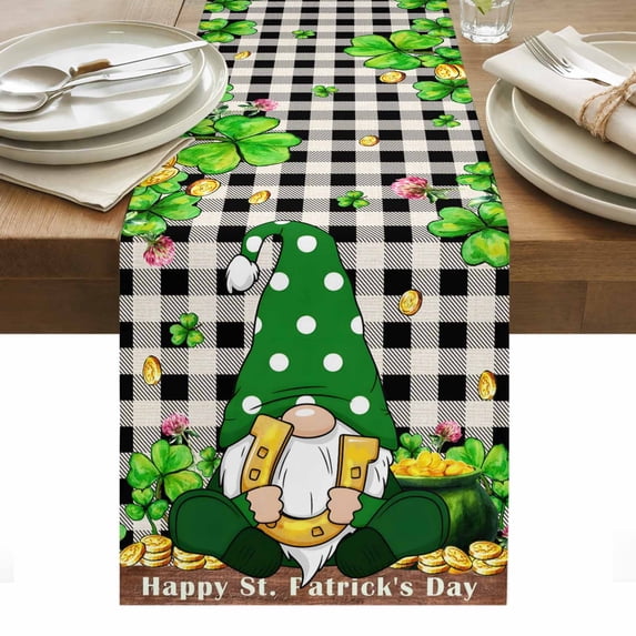 St. Patrick's Day Table Runner - 90 Inch Long, Kitchen Dining Table Runner Dresser Scarves, Gnomes Shamrocks Gold Coin Buffalo Plaid Farmhouse Decor for Coffee Tables Wedding Party Banquet
