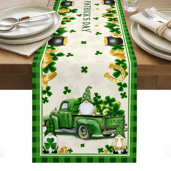 St. Patrick's Day Table Runner - 90 Inch Long, Kitchen Dining Table Runner Dresser Scarves, Gnomes Truck Shamrocks Gold Coin Plaid Farmhouse Decor for Coffee Tables Wedding Party Banquet