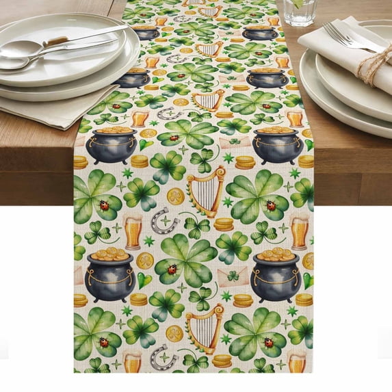 St. Patrick's Day Table Runner - 90 Inch Long, Kitchen Dining Table Runner Dresser Scarves, Lucky Shamrocks Retro Harp Beer Horseshoes Farmhouse Decor for Coffee Tables Wedding Party Banquet