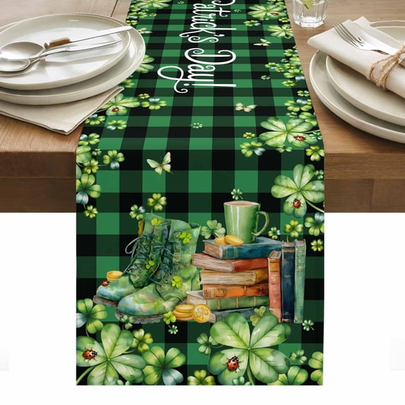 St. Patrick's Day Table Runner - 90 Inch Long, Kitchen Dining Table Runner Dresser Scarves, Shamrocks Green Boots Bools Farm Plaid Farmhouse Decor for Coffee Tables Wedding Party Banquet