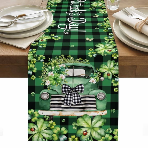St. Patrick's Day Table Runner - 90 Inch Long, Kitchen Dining Table Runner Dresser Scarves, Spring Green Truck Clovers Flowers Plaid Farmhouse Decor for Coffee Tables Wedding Party Banquet