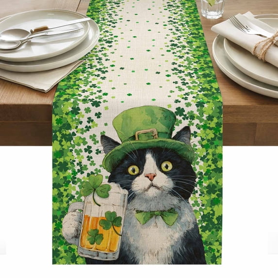 St. Patrick's Day Table Runner - 90 Inch Long, Kitchen Dining Table Runner Dresser Scarves, Vintage Cute Cat Beer Green Clovers Farmhouse Decor for Coffee Tables Wedding Party Banquet