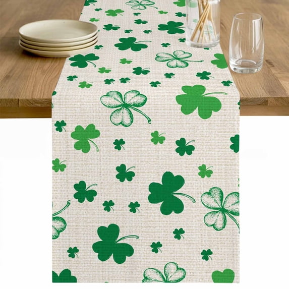 St. Patrick's Day Table Runner - 90 Inch Long Spring Green Shamrock Plant Beige Cotton and Linen Blended Dress Scarves Farmhouse Table Runner for Kitchen Dining, Coffee Table, 13" x 90"