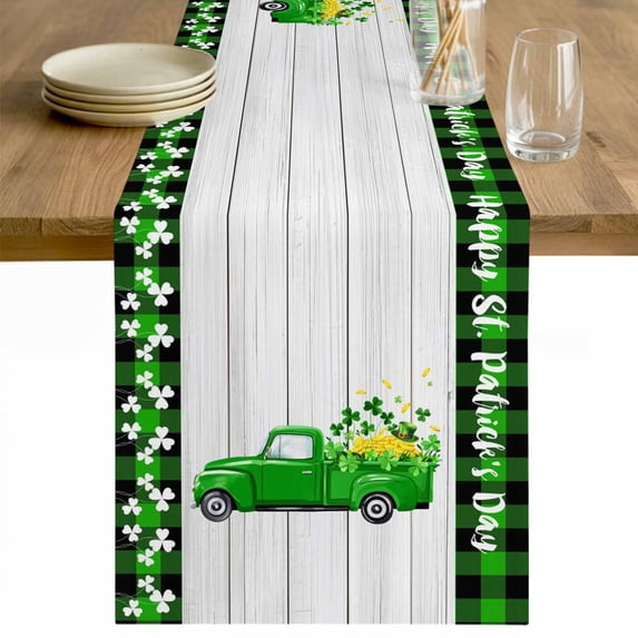 St. Patrick's Day Table Runner - 90 Inch Long Spring Lucky Grass Truck Gray Wood Plaid Cotton and Linen Blended Dress Scarves Farmhouse Table Runner for Kitchen Dining, Coffee Table, 13" x 90"