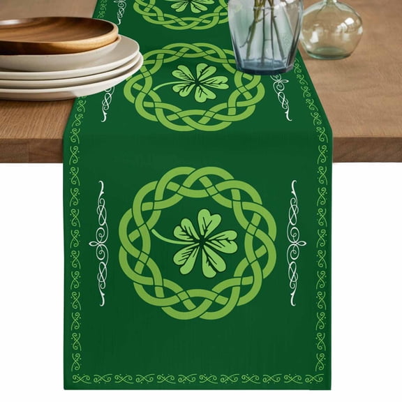 St. Patrick's Day Table Runner, Farmhouse Lucky Leaves Stripes Border Washable Cotton Linen Table Runners 48 Inches Long, Dresser Scarf Runner for Nightstand/Coffee/End Tables 13''x48''