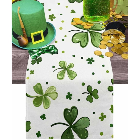 St.Patrick''s Day Table Runner Four Leaves Clover Table Runners Green Leaves Dots Dining Table Decoration for Kitchen Home Banquet Party Wedding 13" x 36"