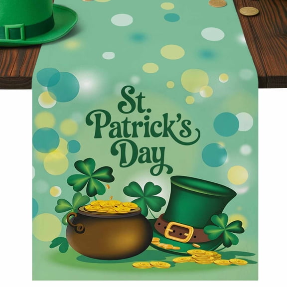 St. Patrick's Day Table Runner Gold Coin Table Runners Shamrock Clovers Leprechaun Hat Cotton Linen Dresser Scarf Kitchen Dining Table Decor for Spring Holiday Party Decor 13x72 Inch