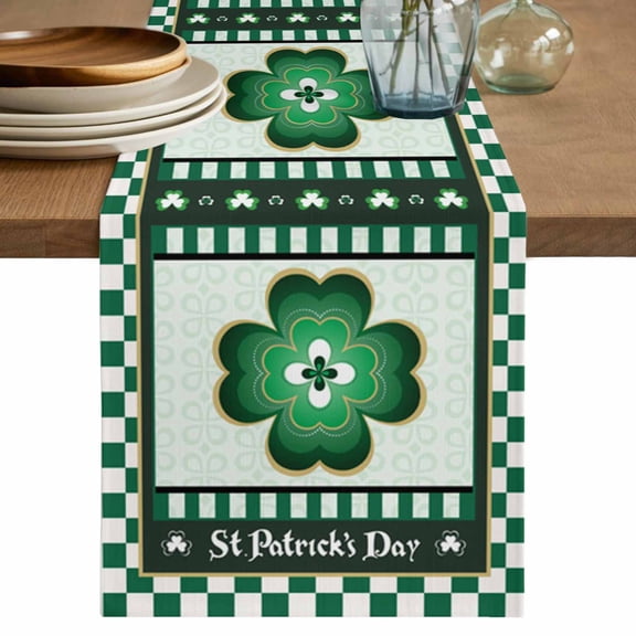 St. Patrick's Day Table Runner, Gradient Light Green Lucky Shamrocks Green Buffalo Plaid Cotton Linen Kitchen Table Decoration Washable Dining Tabletop Runners for Home Party Decor 13x60 Inches