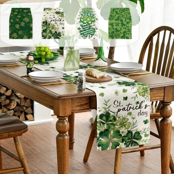 St. Patrick’s Day Table Runner – Green Clover Pattern Linen Table Flag, 72x13 in, Heat Resistant & Spill-Proof Tablecloth for Spring Holiday Home Dining Room Decor