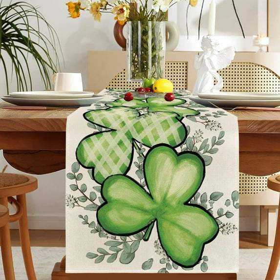 St. Patrick's Day Table Runner Green Clovers Pattern Linen Tablecloth Heat Insulating Dining Table Decor HOLIDAY Decoration