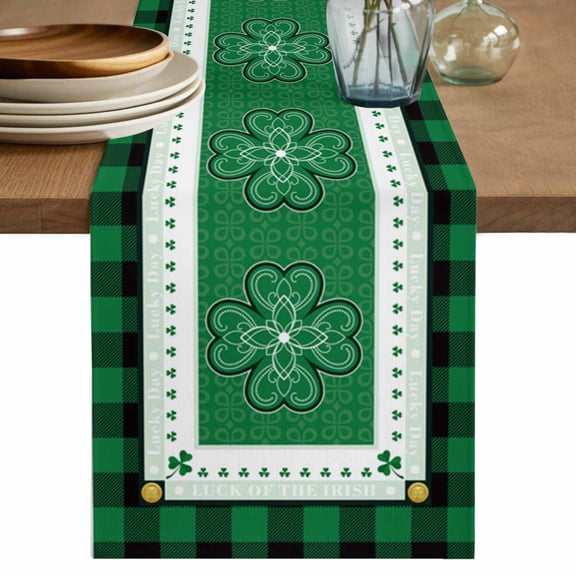 St. Patrick's Day Table Runner, Green Floral Lucky Shamrocks Plant Green Buffalo Plaid Cotton Linen Kitchen Table Decoration Washable Dining Tabletop Runners for Home Party Decor 13x36 Inches