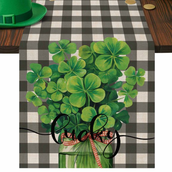 St. Patrick's Day Table Runner Green Lucky Clover Table Runners Buffalo Plaid Nature Cotton Linen Dresser Scarf Kitchen Dining Table Decor for Spring Holiday Party Decor 13x72 Inch
