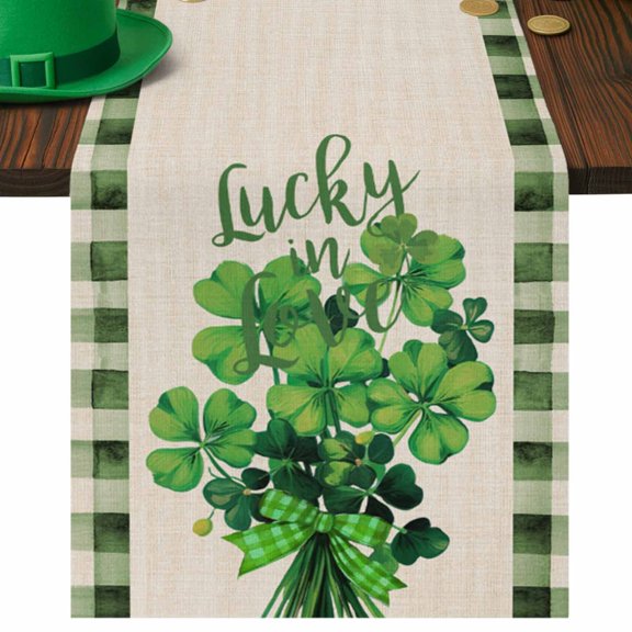 St. Patrick's Day Table Runner Green Lucky Clover Table Runners Leaves Bow Tie Buffalo Pliad Cotton Linen Dresser Scarf Kitchen Dining Table Decor for Spring Holiday Party Decor 13x72 Inch
