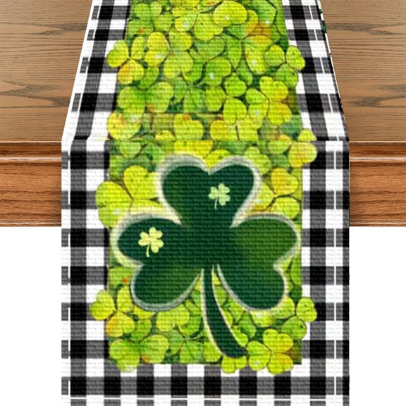 St. Patrick''s Day Table Runner Green Shamrock Decoration 13“x72”Inch Spring Summer for Party Kitchen Dining Table Decor Clover(Black White Plaid)