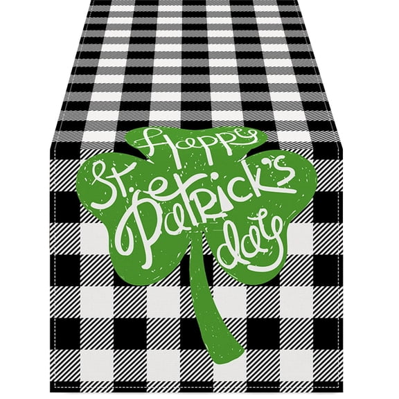 St. Patrick's Day Table Runner Green Shamrock Design on Black and White Buffalo Plaid for Festive Decor