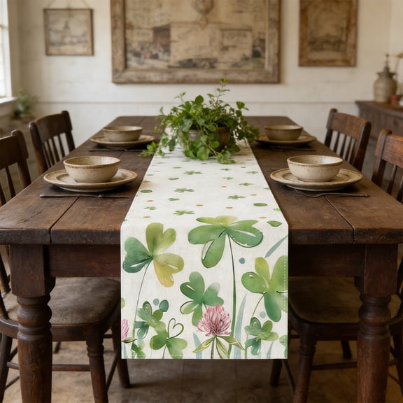 St. Patrick's Day Table Runner, Green Shamrock Print Dining Table Decor, Waterproof Washable Fabric for Kitchen Buffet, 183x33cm
