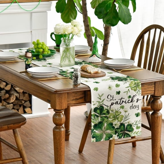 St. Patrick's Day Table Runner, Irish Shamrock Decorations, Clover Patterned Kitchen Dining Table Scarf, Heat Resistant Washable Table Cover for Party, Festival, Holiday, Home Decor, Green Themed