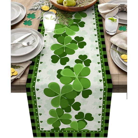 St Patrick''s Day Table Runner for Kitchen Dining Farmhouse Shamrock Dresser Scarves for Spring Decor Greening Buffalo Plaid Table Setting Decor Irish Shamrock Clover Green - 13.8 x 71 inches Long