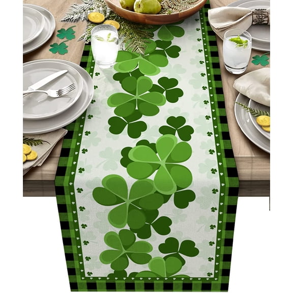 St Patrick''s Day Table Runner for Kitchen Dining Farmhouse Shamrock Dresser Scarves for Spring Decor Greening Buffalo Plaid Table Setting Decor Irish Shamrock Clover Green - 13.8 x 71 inches Long