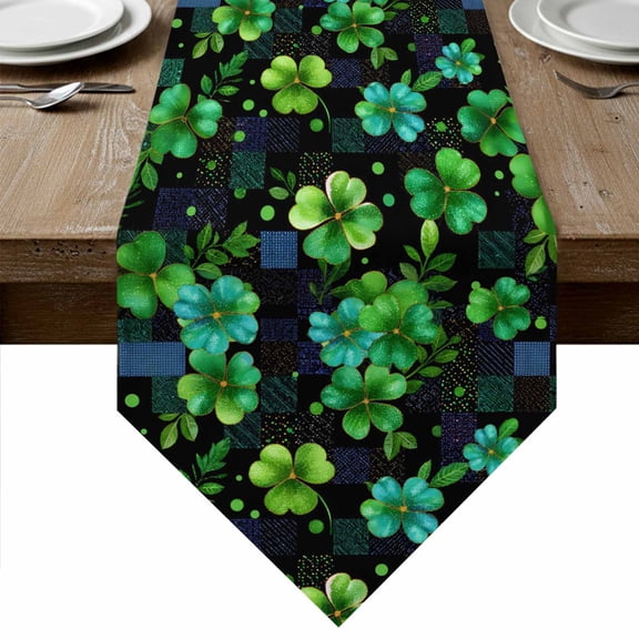 St. Patrick's Day Table Runner Linen Burlap Table Runner 72 Inches Long Green Lucky Clovers Shamrock Plaid Dresser Scarves for Kitchen Island Coffee Dining Party Wedding Banquet Holiday Decor 18"x72"