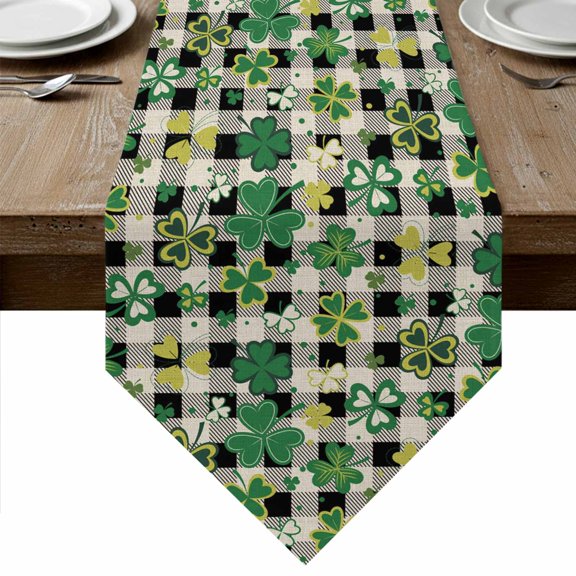 St Patrick's Day Table Runner Linen Burlap Table Runner 90 Inches Long Lucky Shamrocks Farmhouse Retro Check Dresser Scarves for Kitchen Island Coffee Dining Party Wedding Holiday Decor 13"x90"