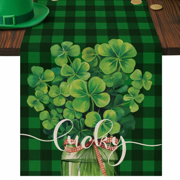 St. Patrick's Day Table Runner Lucky Clover Jar Bow Tie Table Runners Buffalo Plaid Cotton Linen Dresser Scarf Kitchen Dining Table Decor for Spring Holiday Party Decor 13x72 Inch