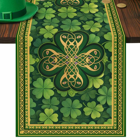 St. Patrick's Day Table Runner Lucky Shamrock Celtic Knots Table Runners Green Clovers Cotton Linen Dresser Scarf Kitchen Dining Table Decor for Spring Holiday Party Decor 13x72 Inch