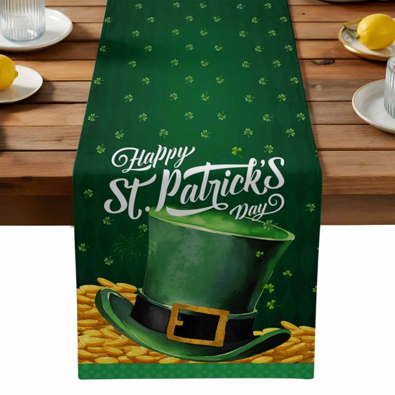 St. Patrick's Day Table Runner, Oil Painting Green Hat Shamrocks Golden Coin Dark Green Washable Kitchen Table Runners Dress Scarves for Dining Table Decorations Party, 13x36in