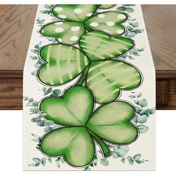 St. Patrick’s Day Table Runner Shamrock Clover Eucalyptus Buffalo Plaid Polka Dots St Patricks Day Table Runner, Seasonal Kitchen Dining Table Decoration for Home Party Decor 13x72 Inch