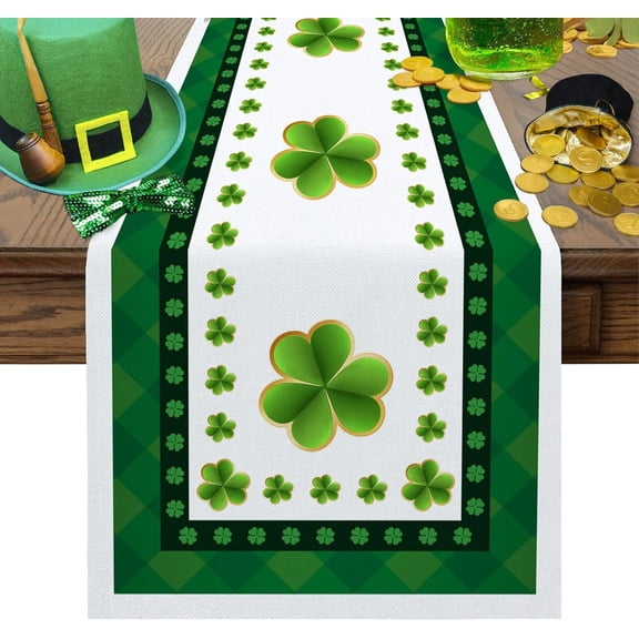 St. Patrick''s Day Table Runner Shamrock Clover Non-Slip Burlap Rectangle Table Cloth Setting Kitchen Decor for Holiday Dinner Parties Green Buffalo Check Plaid Dresser Scarves, 13x90 inches