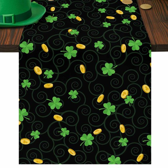 St. Patrick's Day Table Runner Shamrock Gold Coin Table Runners Dark Green Clovers Cotton Linen Dresser Scarf Kitchen Dining Table Decor for Spring Holiday Party Decor 13x72 Inch