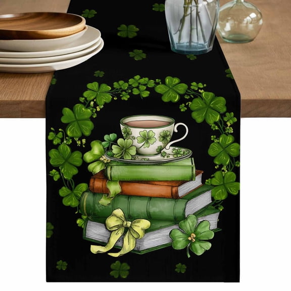 St Patrick's Day Table Runner, Shamrock Leaf Coffee Cups Books Dark Green Washable Cotton Linen Table Runners 36 Inches Long, Dresser Scarf Runner for Nightstand/End Tables/Round Tables 13''x36''