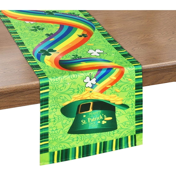 St Patrick''s Day Table Runner Shamrock Table Runner Green Hat Colorful Ribbon Waterproof Table Runner for St. Patty''s Day, Spring, Parties, Daily Use, 14 x 70 inch