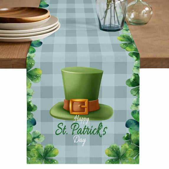 St. Patrick's Day Table Runner, Spring Coin Green Clovers Blue Lattice Washable Cotton Linen Table Runners 90 Inches Long, Dresser Scarf Runner for Dining/Coffee/Kitchen/Hallway Tables 13''x90''