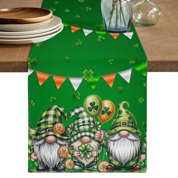 St. Patrick's Day Table Runner, Spring Shamrock Gnomes Balloons Flag Green Washable Cotton Linen Table Runners 90 Inches Long, Dresser Scarf Runner for Dining/Coffee/Kitchen/Hallway Tables 13''x90''