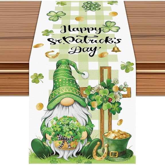 St. Patrick''s Day Table Runner with Gnome and Four-Leaf Clover Design, Green Buffalo Plaid, 72x13 Inches