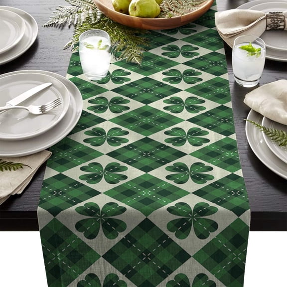 St. Patrick''s Day Table Runners Traditional Scottish Checked Four-leaf Clover Non Slip Heat-Proof Modern Table Runner for Family Dinner Kitchen or Gatherings, Indoor or Outdoor Parties 13×90inch