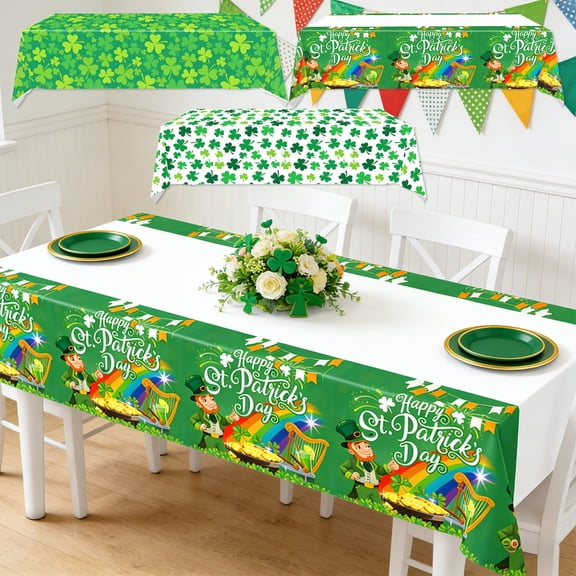 St. Patrick's Day Tablecloth 54x108 Inches – Waterproof Disposable Table Cover for Irish Holiday Party Dinner, Shamrock Decorations, Indoor Outdoor Rectangular Banquet Events