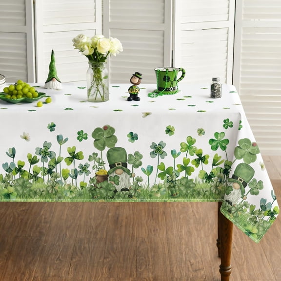 St. Patrick''s Day Tablecloth 60×60 Inch Square, Green Shamrock Gnome Lawn Watercolor Style Washable Seasonal Table Cover for Party Picnic Dinner Decor