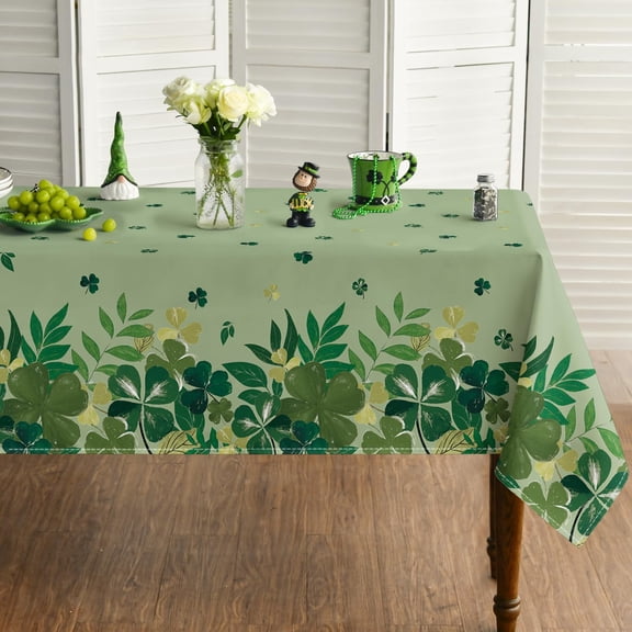St. Patrick''s Day Tablecloth 60×60 Inch Square, Green Shamrock Leaves Fern Floral Oil Painting Style Washable Seasonal Table Cover for Party Picnic Dinner Decor