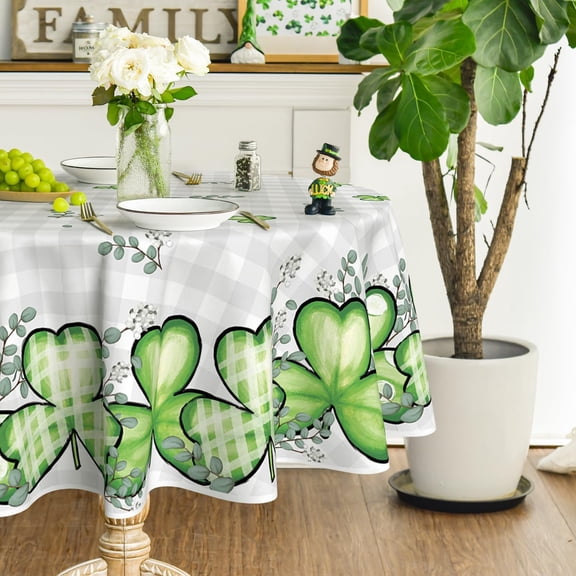 St. Patrick''s Day Tablecloth 70×70 Inch Round, Buffalo Plaid Shamrock Eucalyptus Washable Table Cover for Party Picnic Dinner Decor