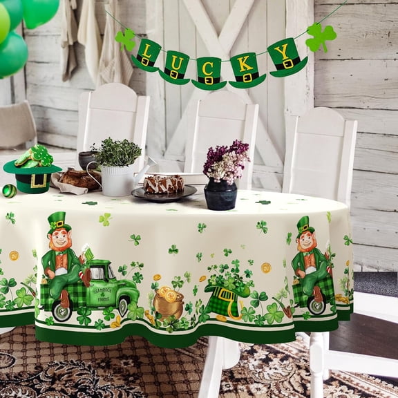 St. Patrick''s Day Tablecloth, Green Oval Tablecloth 60x84Inch, Polyester Waterproof Tablecloth, Shamrock Elf St. Patrick''s Day Festive Kitchen Table Decoration for Dinner, Party