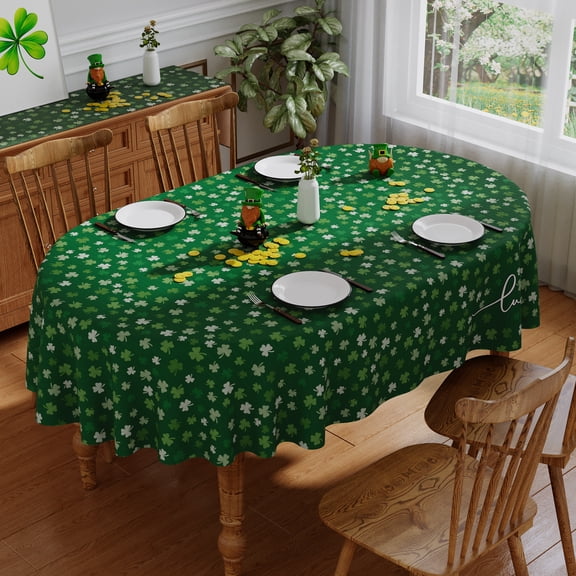 YIBAGA St Patrick's Day Tablecloth, Lucky Green Shamrock St Patricks Day Table Cover Spring Home Dining Table Decorations, 60 x 84 inch Oval, Polyester