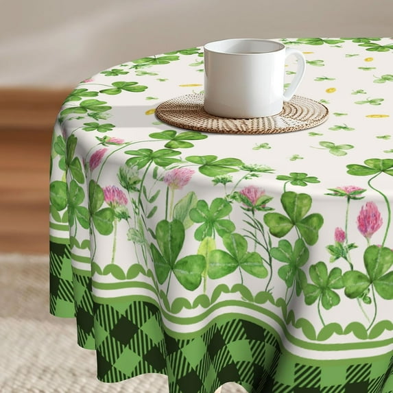 St. Patrick''s Day Tablecloth Round 60 Inch Green Leaves Shamrock Pink Floral Decor Wrinkle Free Tablecloth Buffalo Plaid Tablecover for Holiday Party Picnic Dinner